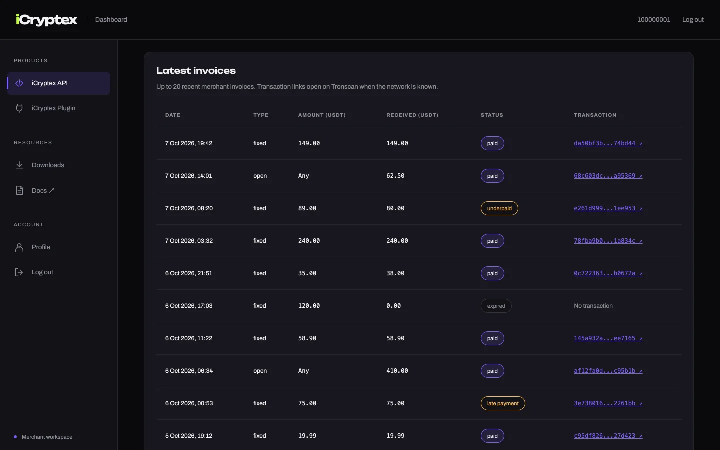 iCryptex dashboard on the TRON Nile sandbox listing the latest USDT invoices with paid, underpaid and expired statuses