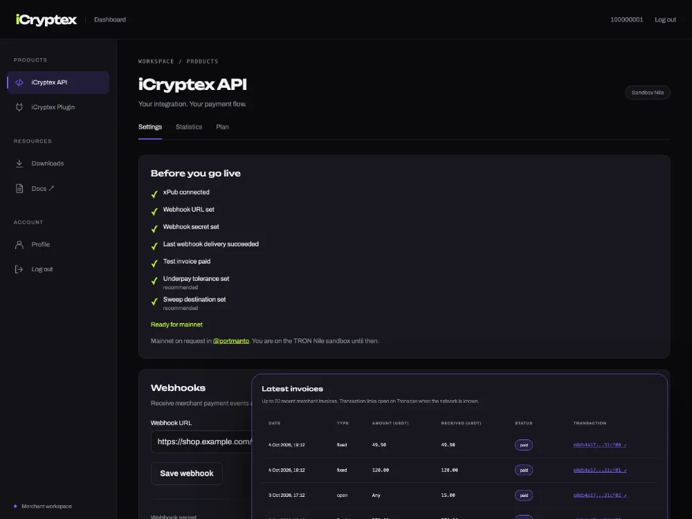 iCryptex dashboard on the TRON Nile sandbox with the go-live checklist and paid USDT invoices