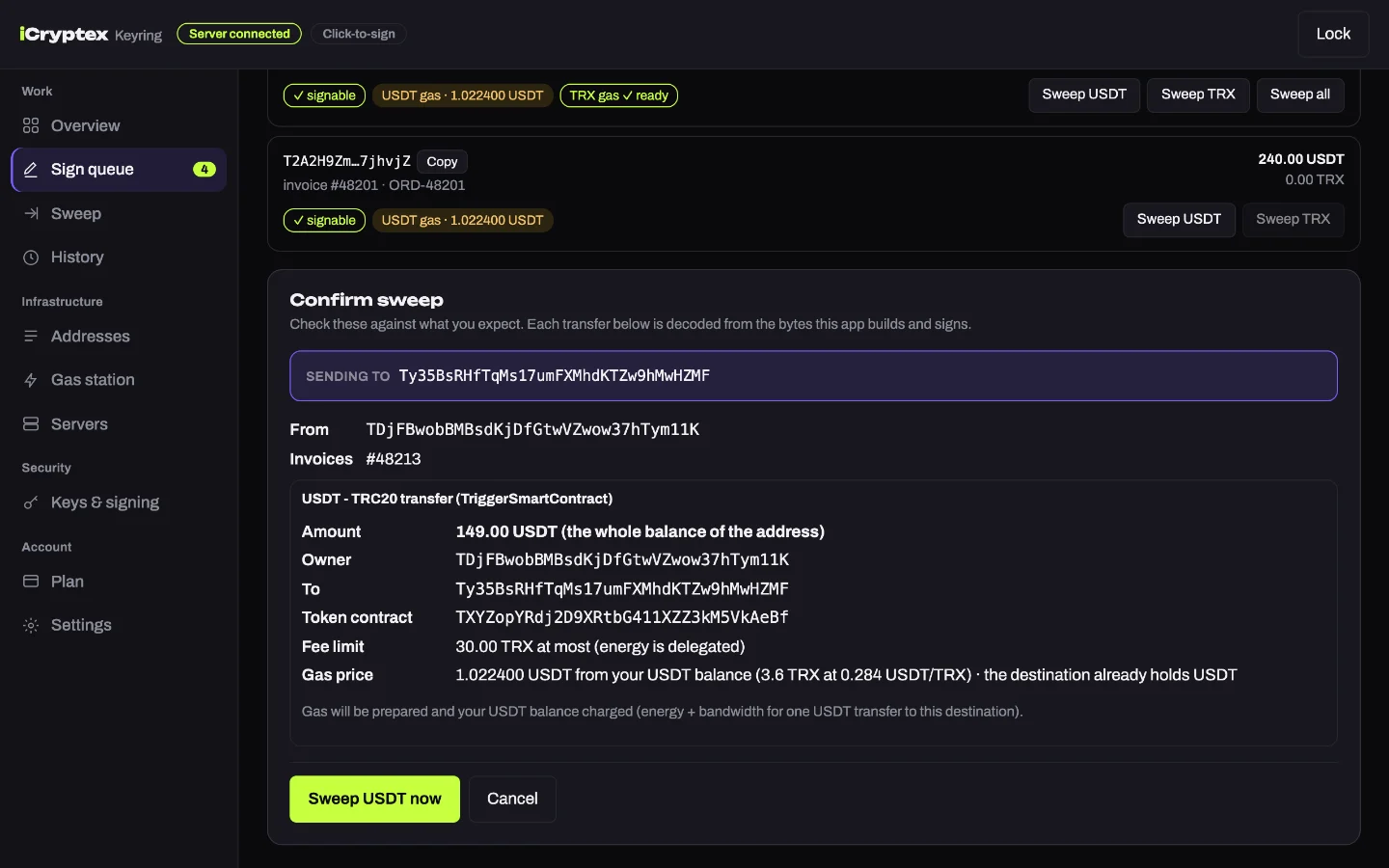 iCryptex Keyring sign queue with USDT deposit addresses and the Confirm sweep panel showing the decoded transfer before signing