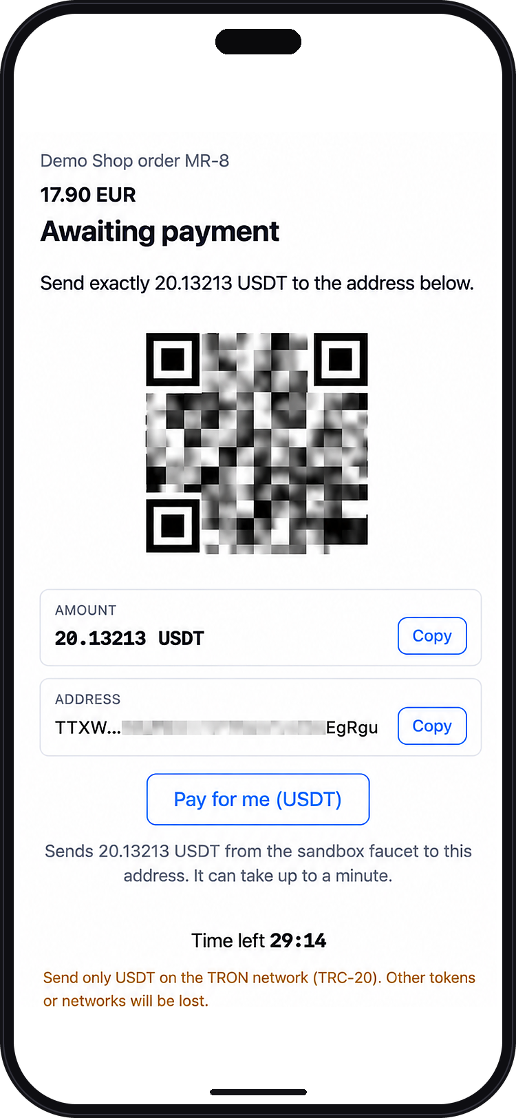 iCryptex checkout: awaiting payment with QR code, amount and timer