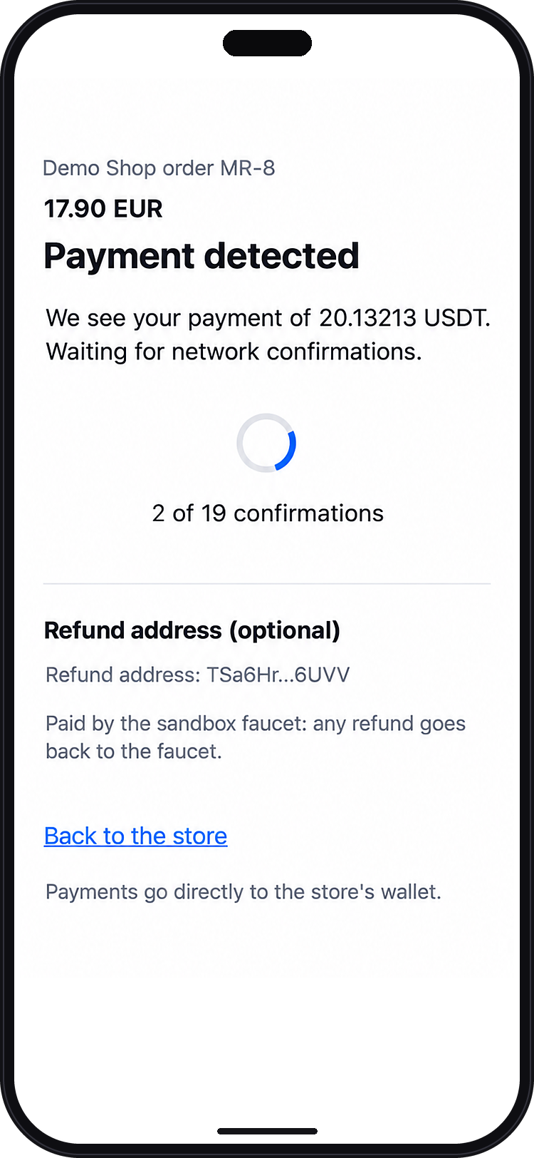 iCryptex checkout: payment detected, waiting for network confirmations